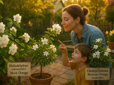 Philadelphus Vs. Mock Orange woman-smelling-white-mock-orange-blooms-beside-a-labeled-choisya-lookalike