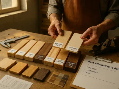 woodworker-comparing-labeled-wood-samples-as-alternatives-to-ash-at-a-bench