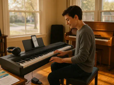 young-adult-practicing-on-a-digital-piano-in-a-sunlit-living-room-with-upright-piano-behind