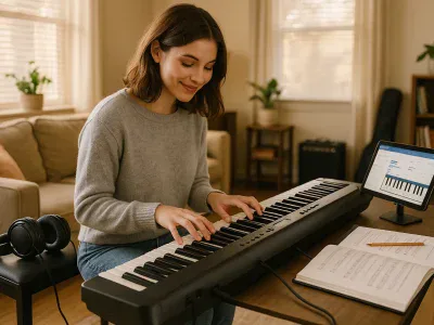 young-adult-practicing-on-a-portable-keyboard-with-tablet-lesson-in-living-room
