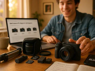 young-beginner-with-mirrorless-camera-and-accessories-on-a-sunlit-table