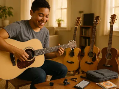 young-person-strumming-a-dreadnought-acoustic-with-several-beginner-guitars-nearby