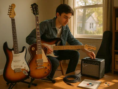 young-player-tuning-a-beginner-electric-guitar-beside-an-amp-and-accessories