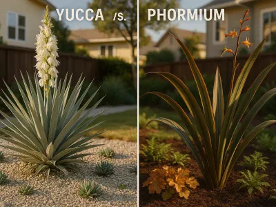 Yucca Vs. Phormium: Choosing The Right Architectural Perennial yucca-with-white-flower-spike-beside-bronze-variegated-phormium-in-a-garden